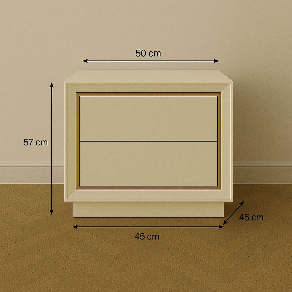 Modern 2 Çekmeceli Komodin – Krem Lake & Altın Detaylı (50×45×57 cm)