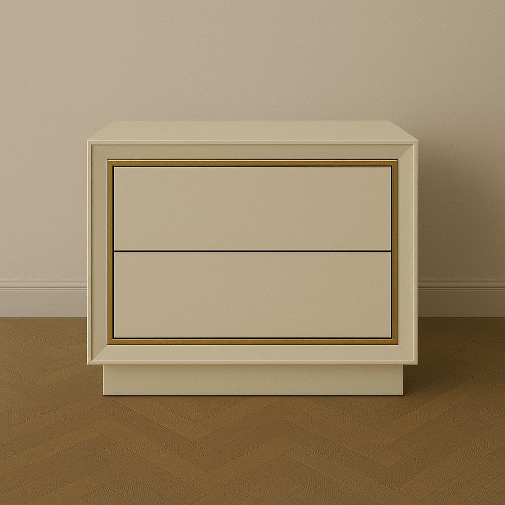 Modern 2 Çekmeceli Komodin – Krem Lake & Altın Detaylı (50×45×57 cm)