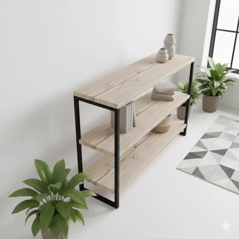 Masif Ahşap & Metal Konsol Raf | Endüstriyel Antre Masası