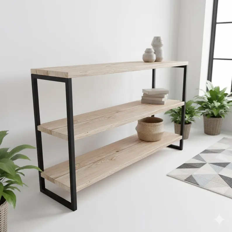 Masif Ahşap & Metal Konsol Raf | Endüstriyel Antre Masası